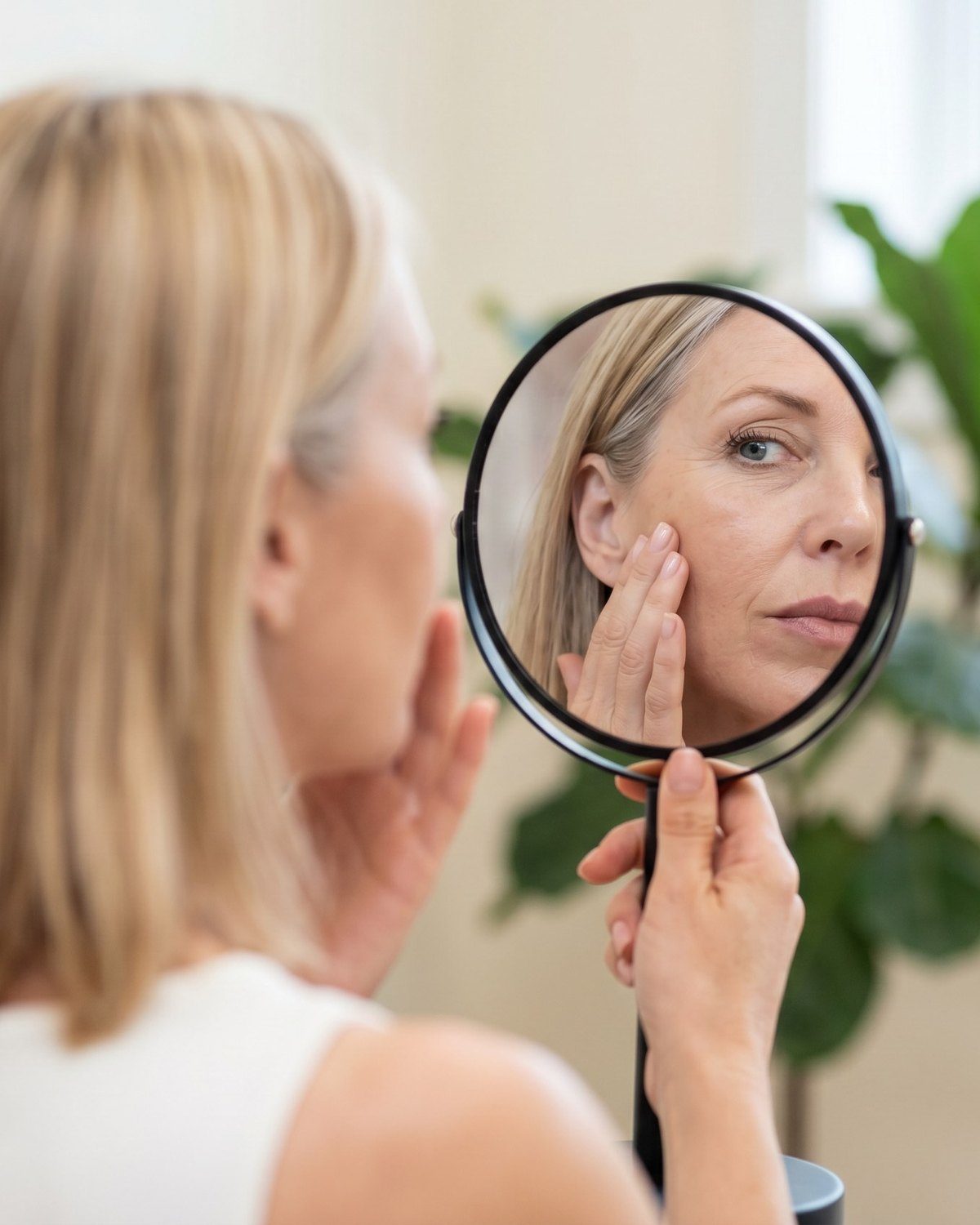 A woman checks her face in a hand mirror after a wrinkle relaxer consult in Etobicoke